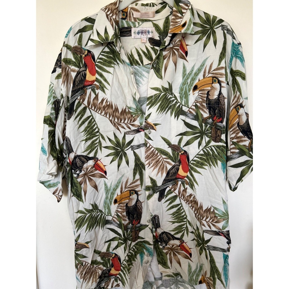 Men's Tropical Toucan Print Short-Sleeve Button-Down Shirt - White/Green